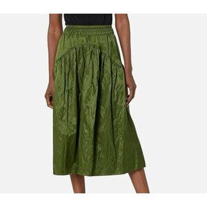 Vince. Tiered Smocked Midi Skirt Elastic Waist Herb Green Cotton Sateen size 2